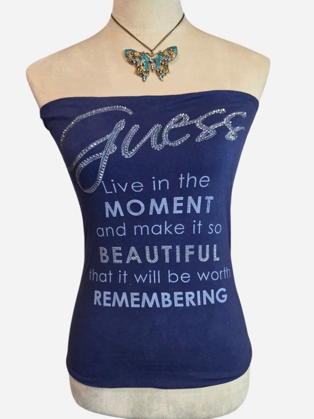 Y2K GUESS Blue Strapless Graphic Tube Top Rihnestone Logo McBling Graphic S